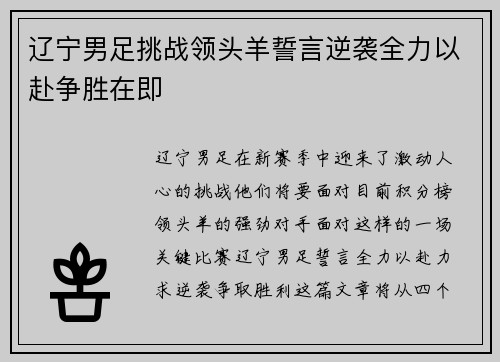 辽宁男足挑战领头羊誓言逆袭全力以赴争胜在即