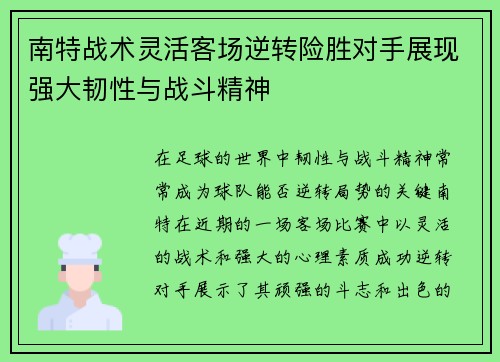 南特战术灵活客场逆转险胜对手展现强大韧性与战斗精神