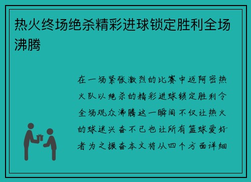 热火终场绝杀精彩进球锁定胜利全场沸腾