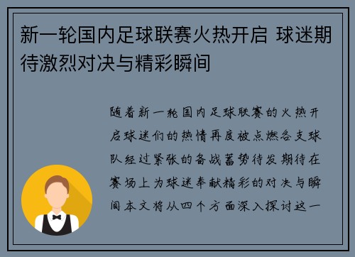 新一轮国内足球联赛火热开启 球迷期待激烈对决与精彩瞬间