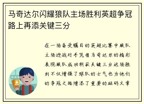 马奇达尔闪耀狼队主场胜利英超争冠路上再添关键三分