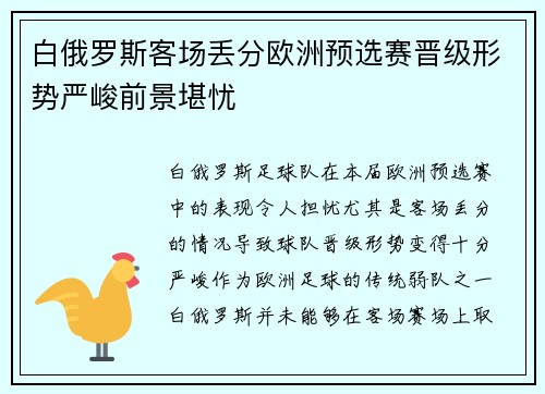 白俄罗斯客场丢分欧洲预选赛晋级形势严峻前景堪忧