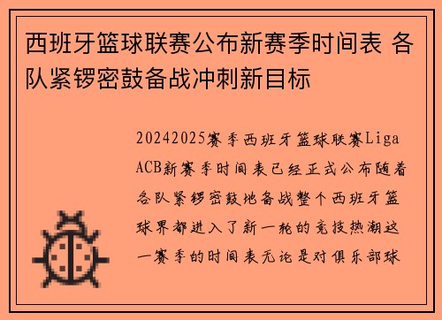 西班牙篮球联赛公布新赛季时间表 各队紧锣密鼓备战冲刺新目标