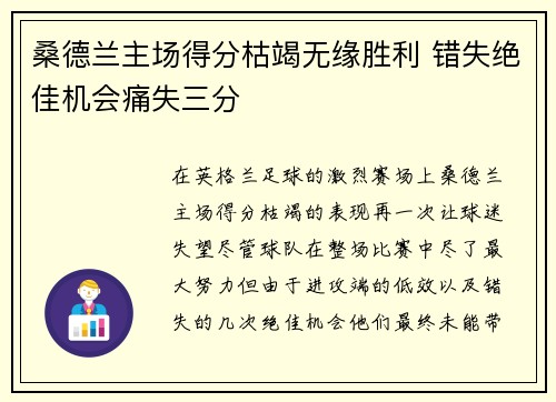 桑德兰主场得分枯竭无缘胜利 错失绝佳机会痛失三分