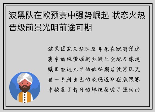 波黑队在欧预赛中强势崛起 状态火热晋级前景光明前途可期