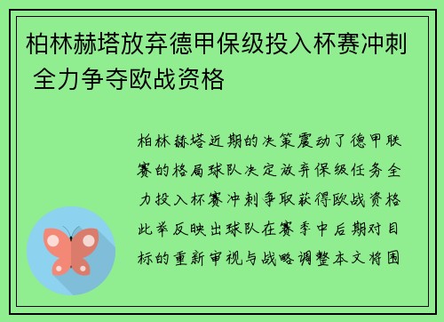 柏林赫塔放弃德甲保级投入杯赛冲刺 全力争夺欧战资格