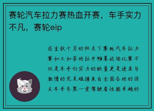 赛轮汽车拉力赛热血开赛，车手实力不凡，赛轮eip